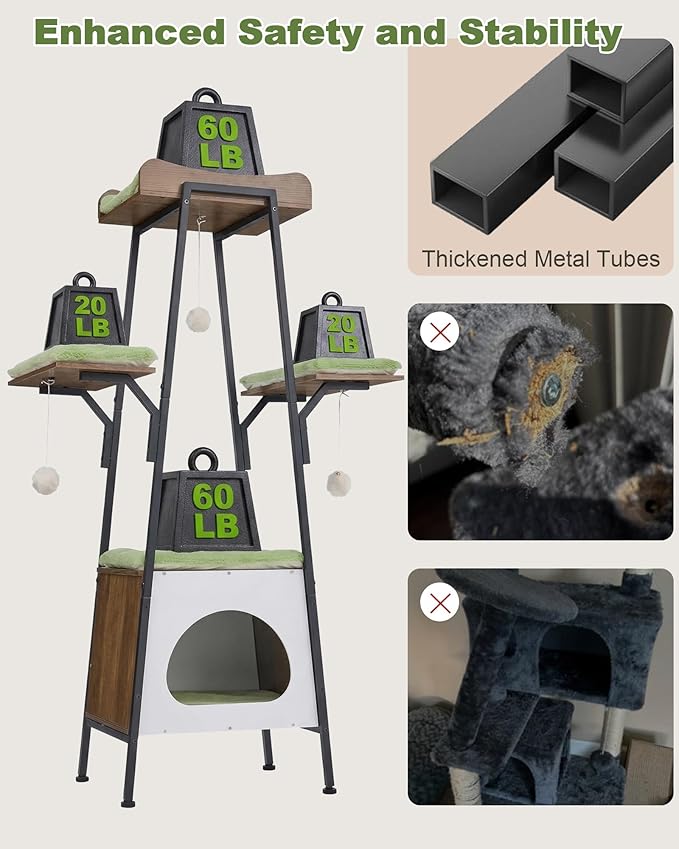 46-Inch Modern Cat Tree Tower for Large Cats, Multi-Level Cat Tower with Playful Toy Balls, Large Perch, Cat Condo, Removable Pads, Green