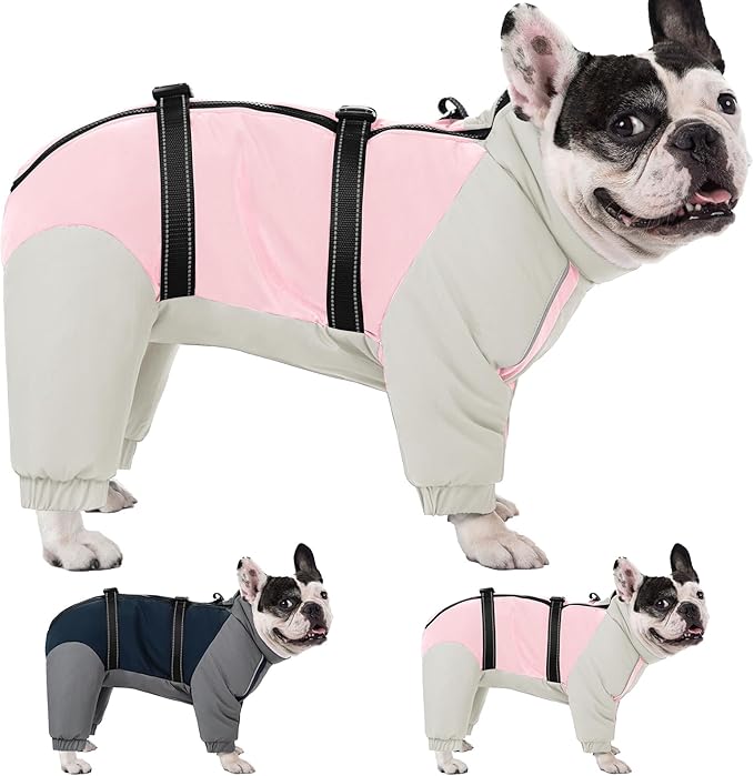 KOESON Four Legged Warm Dog Jacket with Adjustable Buckles, Turtleneck Windproof Fleece Reflective Fullbody Puffer Coat - Pink Grey M