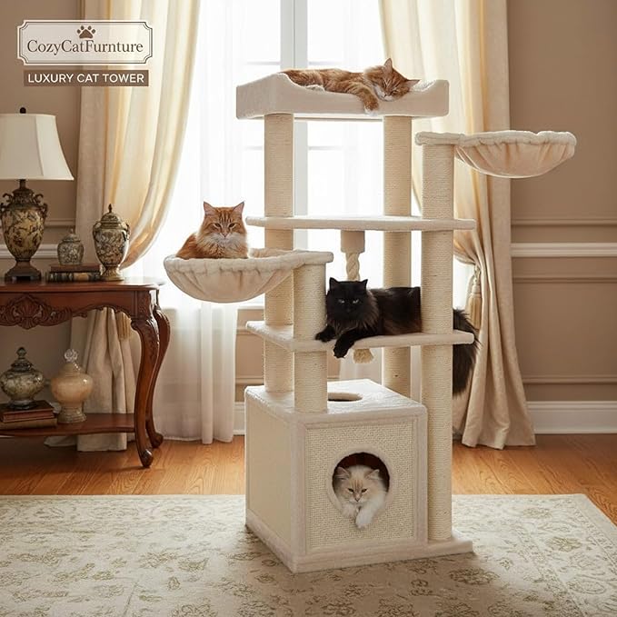 CozyCatFurniture Cat Tree for Maine Coon Cats with Big Perch on Top, Luxury 69in Cat Condo King with Two Large Hammocks, XXL Heavy Duty Cat Tower