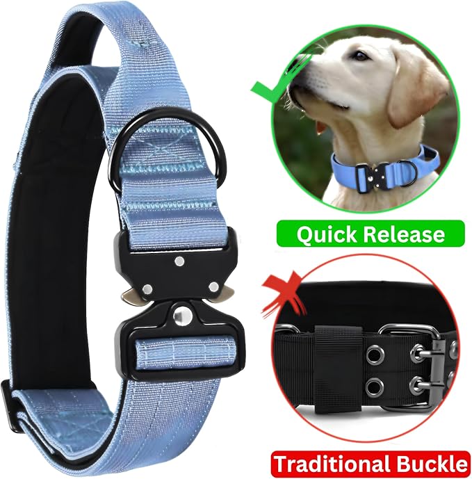 Heavy Duty Tactical Dog Collar – Adjustable Nylon w/Metal Buckle, Durable & Comfortable for Medium to Large Dogs (German Shepherd, Labrador, Rottweiler), Light Blue, Large, for Training & Outdoor Use
