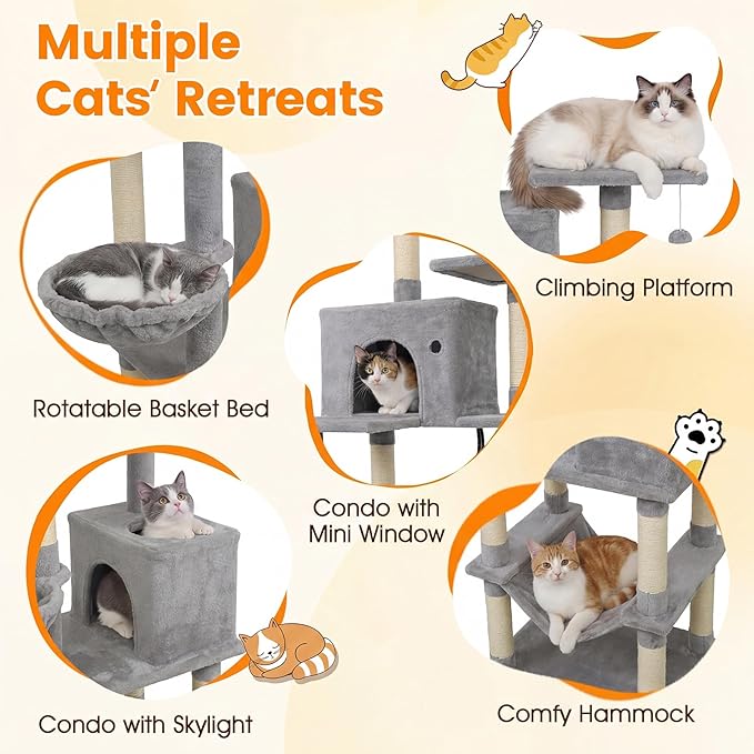PETSITE 80-inch Tall Modern Cat Tree, Multi-Level Cat Tower with 2 Comfy Condos, Sisal Scratching Posts, Side Basket, Snug Hammock, and Dangling Balls, Ideal for Indoor Cats and Kittens (Grey)