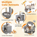 PETSITE 80-inch Tall Modern Cat Tree, Multi-Level Cat Tower with 2 Comfy Condos, Sisal Scratching Posts, Side Basket, Snug Hammock, and Dangling Balls, Ideal for Indoor Cats and Kittens (Grey)
