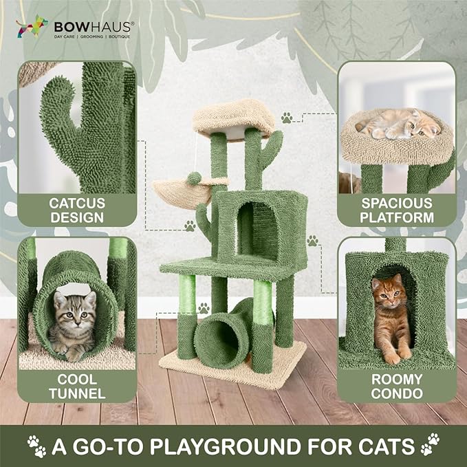 Cactus Cat Tower for Indoor Cats, Cute 40-Inch Small Cactus Cat Tree w/Widened Perch for Large Cats & Kittens, Multi-Level Cat Activity Tree w/Scratching Post, Tunnel, Basket, Cat Cave Condo