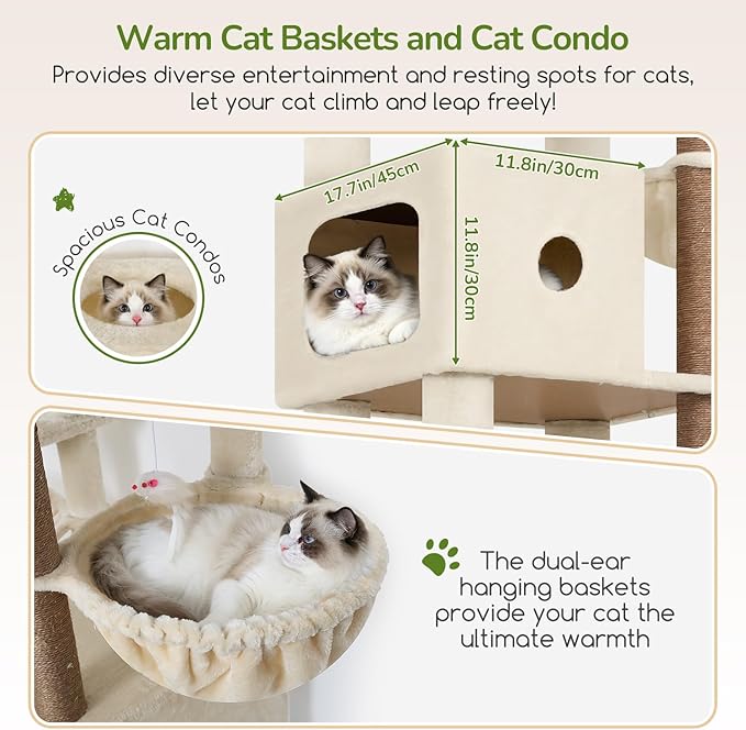 Globlazer Heavy Duty Cat Tree, 83 Inch Giant Cat Tower with 7 Scratching Posts, Multi-Level Large Cat Condo for Indoor Cats Large Adult, 2 Perchs, 3 Sturdy Hanging Baskets, Cat Toys, F83C, Beige