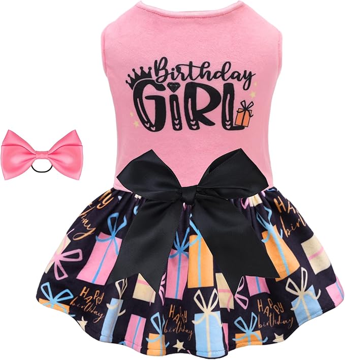 CuteBone Birthday Dog Dresses Velvet Holiday Small Dogs Clothes Onesie Pet Apparel Girl Puppy Skirt with Bow Hair Rope CVA48L-D