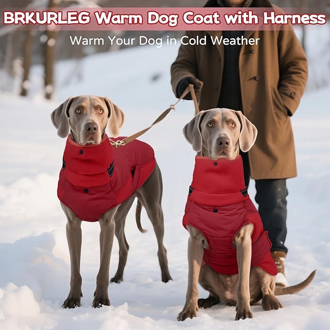 BRKURLEG Dog Winter Coat with Harness Built in, Warm Jacket for Small Medium and Large Dogs, Windproof Turtleneck Fleece Dogs Snowsuit with Hook & Loop, Reflective Christmas Dog Jacket, Red L