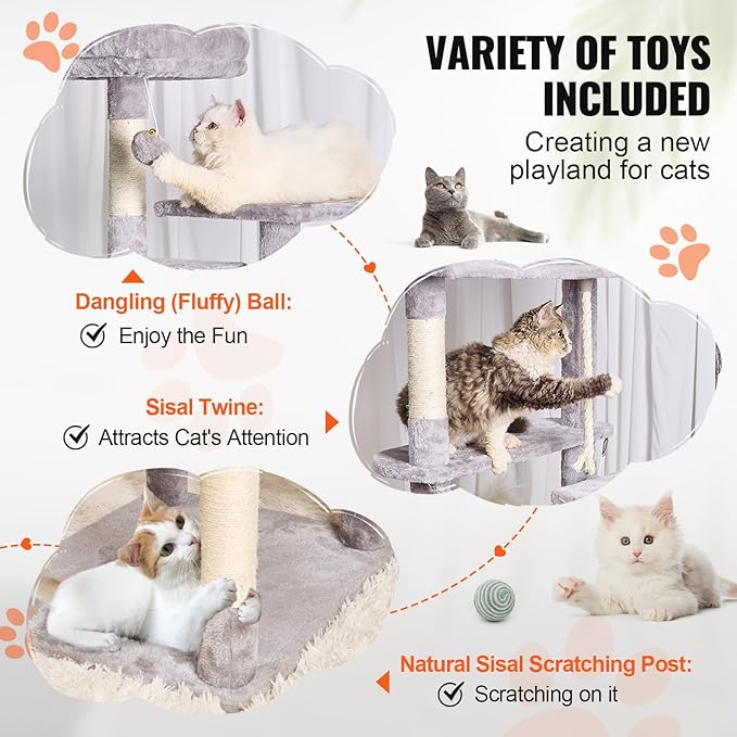Happybuy Cat Tree for Indoor Cats, 72" Cat Tower with 2 Cat Condos, Sisal Scratching Post, Hammock, Top Perch, Jumping Platforms, Large Cat Furniture Activity Center with Hang Ball, Light Grey