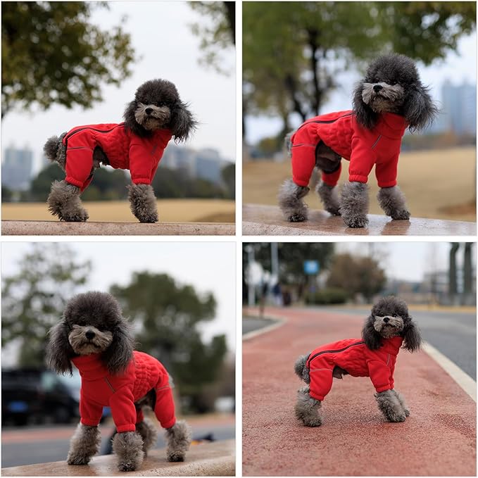 Lovelonglong Warm Dog Coat, Windproof Dog Jacket for Small Medium Large Dogs, 4 Legged Fleece Dog Winter Coat Zippered Closure Dog Outdoor Jacket Red S