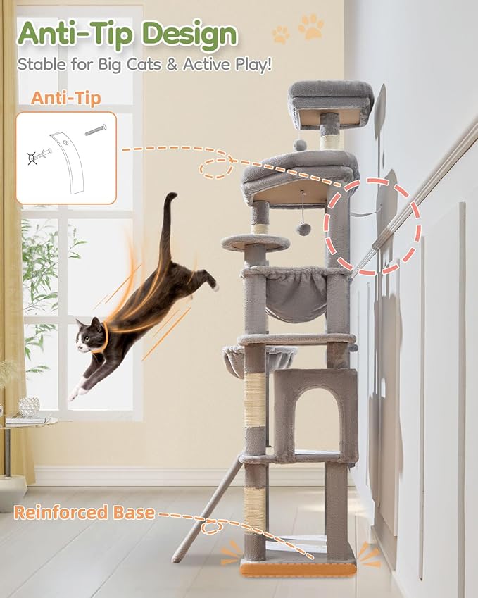 Taoqimiao 72 Inches Cat Tree for Large Cats, Multi-Level Tall Cat Tower, Widened Cat Condo with Large Scratch Board, 5 Scratching Posts, Metal Hammcock, Cozy Basket, Light Gray, MS045W