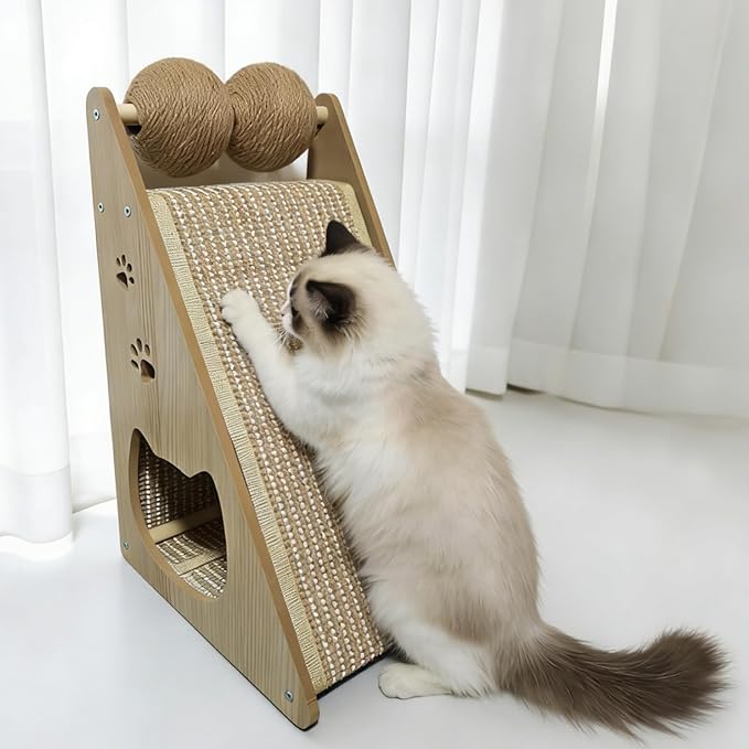 Sisal Cat Scratcher Ramp, Scratching Post Vertical Cat Toy Scratch Pad with Balls for Indoor Cats, Solid Wood Cat Furniture
