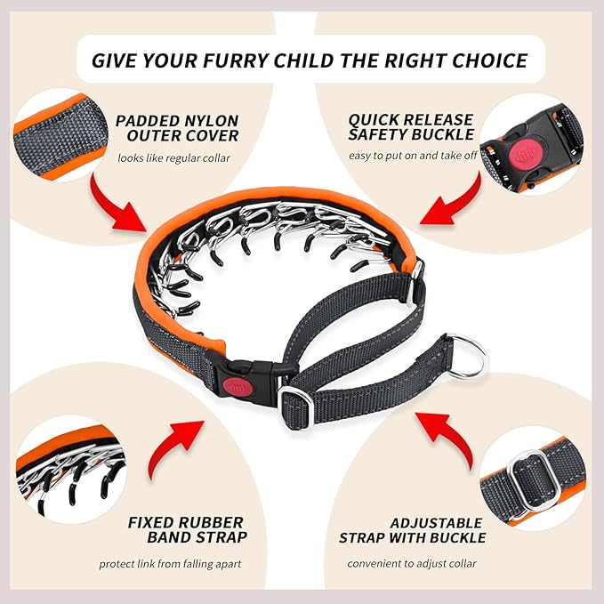 Martingale No Pull Dog Collar for Large Medium Small Dogs, Heavy Duty Nylon Reflective Adjustable Anti Pull Slip Collar with Buckle for Training Walking L Black Orange