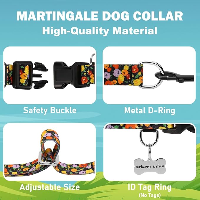 Martingale Collar with Buckle Adjustable Nylon Training No Pull Dog Collars for Large Dogs (Orange Floral, Large)