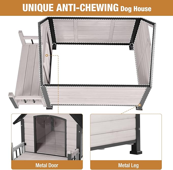 Dog House with Anti-Bite Metal Iron Frame Outdoor Wooden Dog Kennel Indoor Puppy Shelter for Small Medium Large Dogs Weatherproof(Off-White)