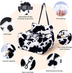 BurgeonNest Dog Car Seat for Small Dogs, Detachable and Washable Cat Carseats Under 25 lbs, Soft Pet Booster Seats with Storage Pockets and Clip-On Leash Portable Car Travel Carrier Bed, Milk Cow