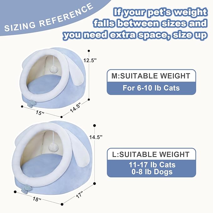 Jiupety Cute Cat Bed for Indoor Cats, Warm Soft Cave Fit for 6-10 lb Cats, Big Ear, M