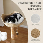 47-Inch Natural Wood Cat Tree for Cats, Modern Cat Tower with Multiple Platforms, Sisal Posts, Handwoven Bed, White Cushions