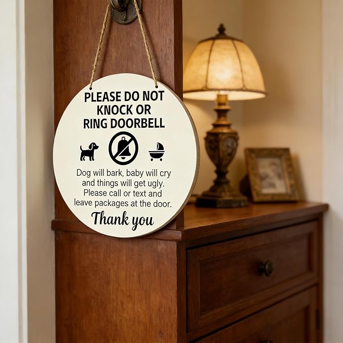Baby Sleeping Sign For Front Door Do Not Ring Doorbell Sign Wooden Do Not Knock Or Ring Doorbell Signs Baby Sleeping No Doorbell Signs For New Parents Gifts