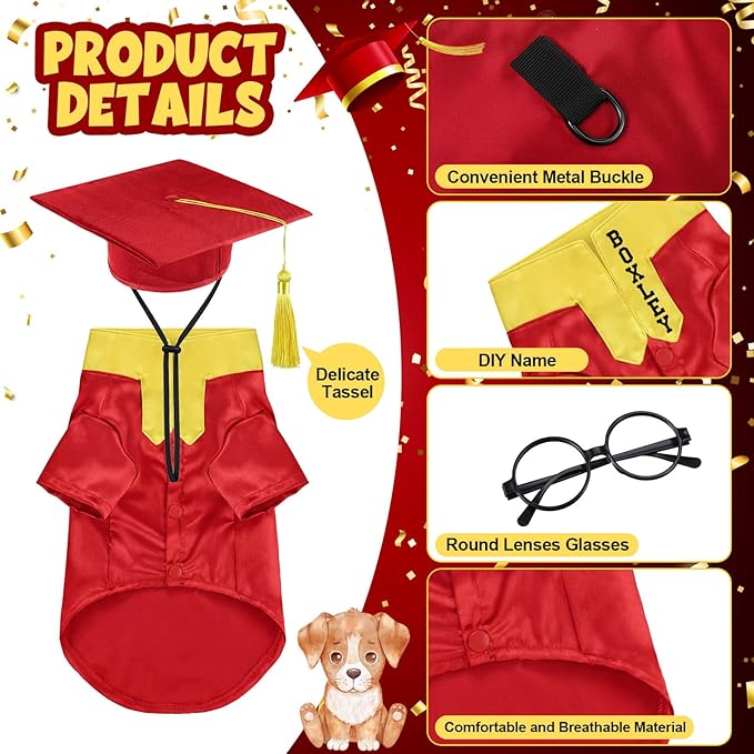 5 Pcs Dog Graduation Costume Set Include 2026 Pet Graduation Gown with Stole Puppy Grad Cap Lensless Glasses DIY Letter Stickers for Dogs Cats Holiday Costume Accessory(Red Yellow,L)