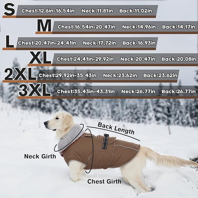 Lelepet Warm Dog Coats for Large Dogs Waterproof Dog Jacket Reflective Pet Fleece Vest Windproof Cold Weather Coats with Adjustable Buckle & Leash Hole, Brown, L