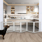 ZJSF Freestanding Foldable Dog Gate for House Extra Wide Wooden Grey Puppy Gate Stairs Dog Gates Doorways Tall Pet Gate 24" Height 6 Panels Pet Fence