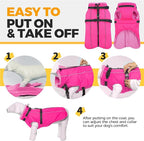 Lelepet Dog Winter Coat Waterproof Dog Jacket with Harness Built in Windproof Reflective Pet Coats for Small Medium Large Dogs, Thermal Fleece Lined Coats for Cold Weather Walking Hiking, Rose Red, L