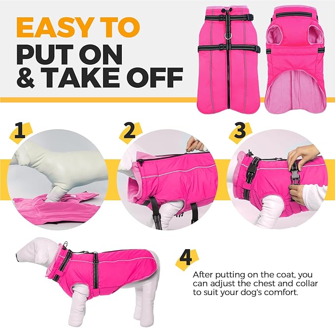 Lelepet Dog Winter Coat Waterproof Dog Jacket with Harness Built in Windproof Reflective Pet Coats for Small Medium Large Dogs, Thermal Fleece Lined Coats for Cold Weather Walking Hiking, Pug, M