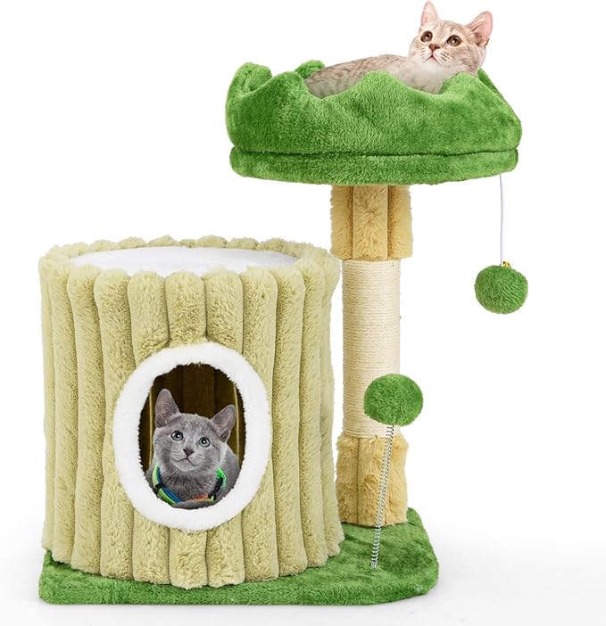 Tangkula Small Cat Tree, Green Cat Tower with Private Cat Condo, Plush Top Perch, Hanging Pompom & Spring Toy, Sisal Scratching Post, Cute Cat Climbing Tree for Indoor Cats