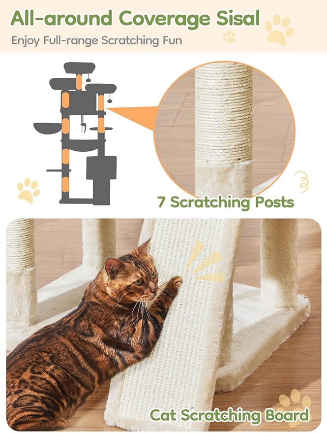 Taoqimiao 76-Inch Cat Tree with Scratching Posts,XXL Cat Tower for Large Cats with Cat Scratching Board,Extra-Large Metal Hammock,3 Perches, 2 Big Condos, Hanging Basket, MS047M, Beige