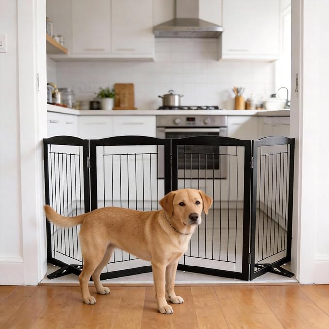 Dog Fence Indoor,Dog Gate Indoor for Doorway pet gate -4-Panel Freestanding, Hallways, House or Stairs -80x32-Inch Retractable Foldable Expandable Wood Pet by SFJC (Black) ﻿
