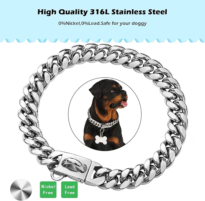 Strong Stainless Steel Silver Dog Collars with Safety Buckle Lock,Cuban Link Chain Training Walking Collar,Dog Necklace Chain for Small Medium Large Dogs