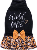 CuteBone Leopard Brown Dog Sweater Dress Wild Love Knit Turtleneck Puppy Sweater with Bowtie Harness Hole Pullover Winter Dress for Medium Dogs