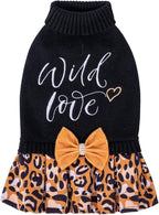CuteBone Leopard Brown Dog Sweater Dress Wild Love Knit Turtleneck Puppy Sweater with Bowtie Harness Hole Pullover Winter Dress for Medium Dogs