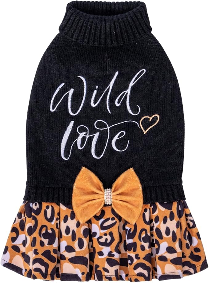 CuteBone Leopard Brown Dog Sweater Dress Wild Love Knit Turtleneck Puppy Sweater with Bowtie Harness Hole Pullover Winter Dress for Medium Dogs