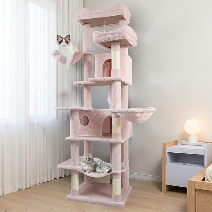Pink 68 Inches Multi-Level Large Cat Tree, Cat Tree Tower for Indoor Cats Large Adult with Condo/Cozy Plush ‌Pussycat Perches/Sisal Scratching Posts for Cats to Play and Sleep