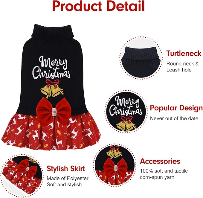 CuteBone Christmas Dog Sweater for Small Dogs Girl, Turtleneck Medium Dog Sweater with Bowtie Leash Hole, Warm Pet Sweaters Knitwear for Small Dogs DS106XL