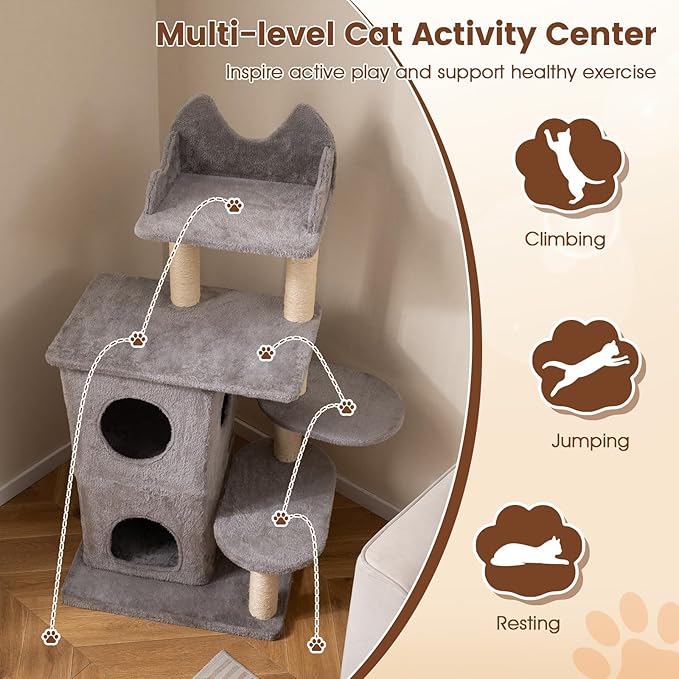 PETSITE 48.5-inch Multi-Level Cat Tree, Modern Cat Tree Tower with Sisal Scratching Posts, Double-Layer Condo, Cute Top Perch, and Multiple Jumping Platforms, Grey