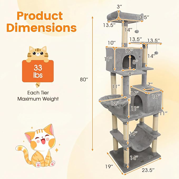 PETSITE 80-inch Tall Modern Cat Tree, Multi-Level Cat Tower with 2 Comfy Condos, Sisal Scratching Posts, Side Basket, Snug Hammock, and Dangling Balls, Ideal for Indoor Cats and Kittens (Grey)