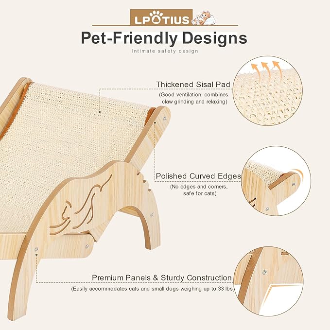 Cat Hammock Beach Chair with Sisal Scratcher, Elevated Adjustable Cozy Cat Lounger Wooden Sisal Chair