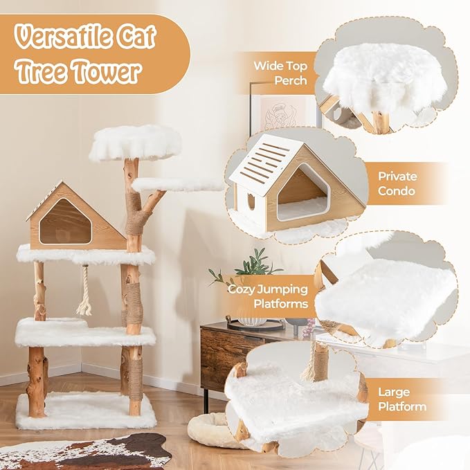 PETSITE 60 inch Solid Wood Cat Tree Tower, Multi-Level Wooden Cat Tower with Jute Scratching Posts, Cat Condo, Sisal Rope, Soft Long Plush, Modern Tall Cat Tree for Indoor Cats Large Adult