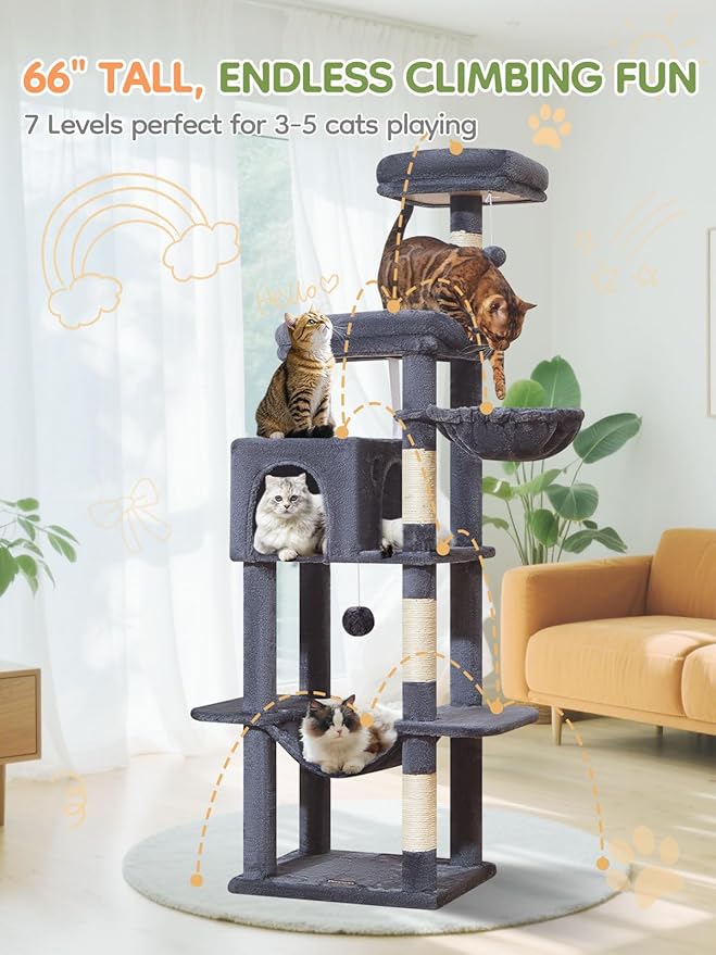 Taoqimiao MS042G Cat Tree,66-inch Large Cat Tower with Scratching Posts, Luxurious Large Platform for Big Cats with Soft Hammock, Adjustable Basket, Deluxe Cat Cando, Top Perch Smoke Gray