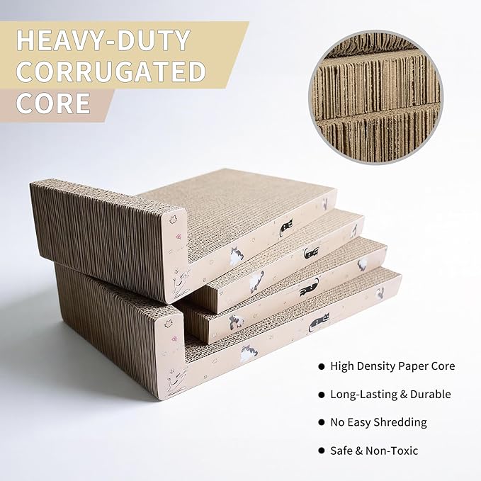 Cat Scratcher with Box, 4 High-Density Corrugated Boards (2 Flat & 2 L-Shaped Scratching Pads), Corrugated Cardboard Scratch Pad, 1.4in Thick L Scratchers for Kittens with Catnip