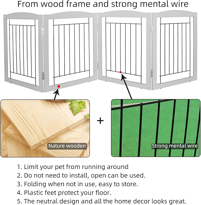 ZJSF Freestanding Foldable Dog Gate for House Extra Wide Wooden Grey Puppy Gate Stairs Dog Gates Doorways Tall Pet Gate 32" Height 4 Panels Pet Fence