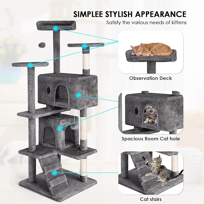 Cat Tree 53 inches Cat Tower for Indoor Cats Cat House with Replaceable and Removable Dangling Ball Cat Trees and Towers with Funny Toys, Light Gray