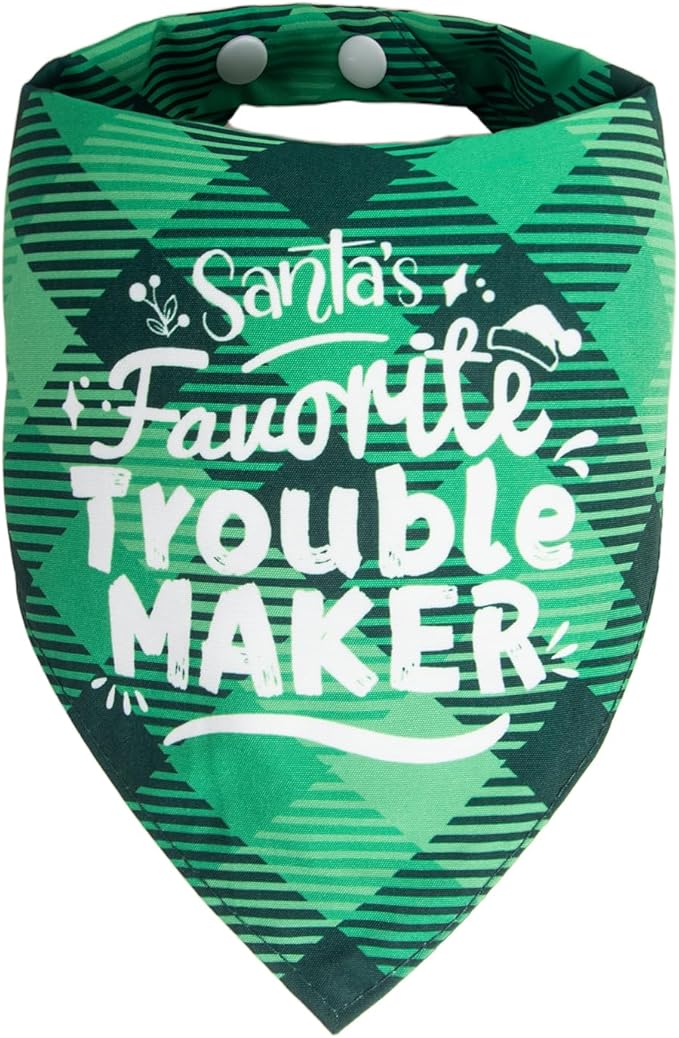 Christmas Dog Bandanas Naughty & Nice List Print - Santa's Favorite Trouble Maker - Pet Holiday Scarf Costume Gift, Green Plaid, Medium & Large Breed, 25-75lbs