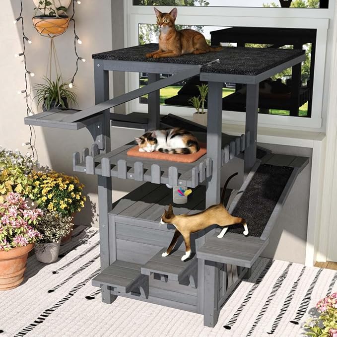 4-Tier Outdoor Cat Tree with Shelter, Wooden Cat Tower with Scratching Post, Cat Outdoor Enclosure, Weatherproof Roof, Easy Assembly, Pine (Grey)