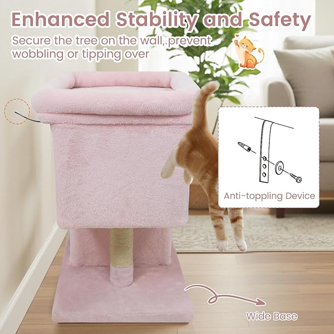 Tangkula Small Cat Tree for Indoor Cats, 25.5 Inch Cat Tower with Sisal Scratching Posts, 2 Large Cat Condos with Padded Top Perch, Modern Cat Climbing Furniture for Adult Cats & Kittens (Pink)