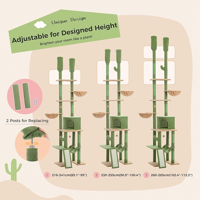 PAWZ Road Cactus Cat Tree, Floor to Ceiling Cat Tower with Adjustable Height(85-112 Inches), 7 Tiers Cat Climbing Tree with Cozy Hammocks and Condos, 5 Platforms, Scratching Posts for Indoor Cats