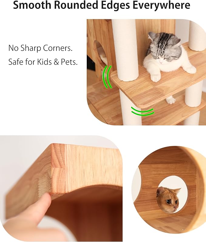 Wood Cat Tree for Large Cat, 62-Inch Tall Cat Tower with Scratching Post for Indoor Cats, Multi-Level Cat Condo with Hand-Woven Cat Bed and Acrylic Bowl Easy to Clean