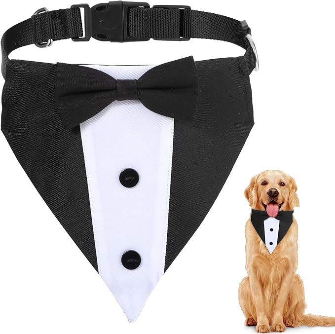 Dog Tuxedo Suit, Bandana Collar with Bow Tie, Doggy Prince Bow Tie Shirt Formal Pet Wedding Attire, Dog Outfits for Large Dogs, Dogs Adjustable Bows Ties for Wedding Birthday Valentines (L, Black)