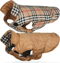 VIVAGLORY Softjoy Dog Coat, Dog Jacket for Winter & Christmas, Coat with Harness Hole, Reversible Plaid Checkered Warm Fluffy Heavy Duty for Puppy, M, Khaki